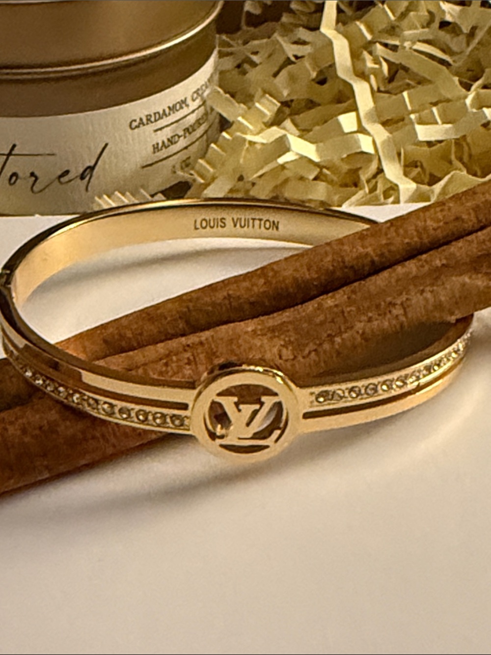 Fashion Jewelry Gold Crystal-Accent Monogram Bangle Bracelet - Picture 6 of 8